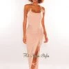 Vendor-unknown Sand Gold Chain Halter Ruched Slit Maxi Dress Just In