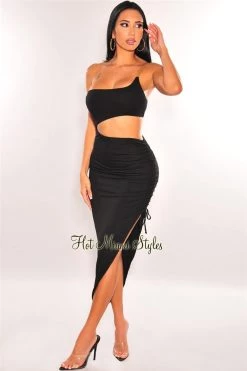 Vendor-unknown Black Gold Chain One Shoulder Cut Out Ruched Dress