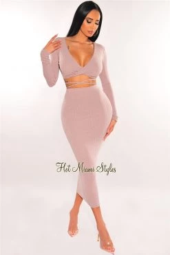 Sole Mio (set) Just In Mauve Ribbed Knit Wrap Around Skirt Two Piece Set