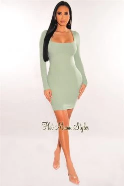 Elan International Sage Ribbed Squared Neck Long Sleeve Mini Dress Just In