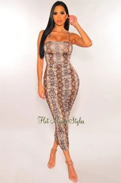 Elan International Brown Snake Print Spaghetti Straps Ruched Dress Just In