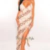 Vendor-unknown Just In Nude Snake Spaghetti Straps Crisscross Back Slit Slip Dress