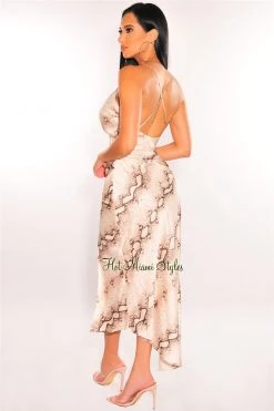 Vendor-unknown Just In Nude Snake Spaghetti Straps Crisscross Back Slit Slip Dress