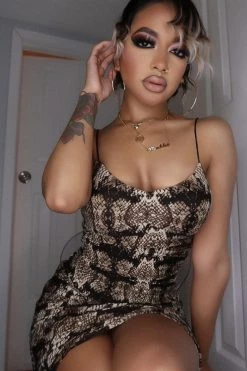 Vendor-unknown Just In Snake Print Elastic Straps Padded Ruched Dress