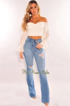 Vendor-unknown Denim Distressed High Waist Flare Jeans Just In