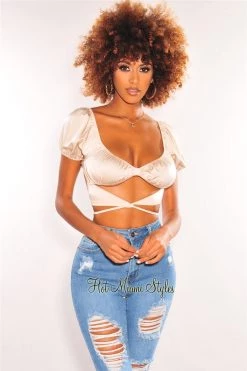 Vendor-unknown Champagne Silky Knotted Cut Out Wrap Around Crop Top