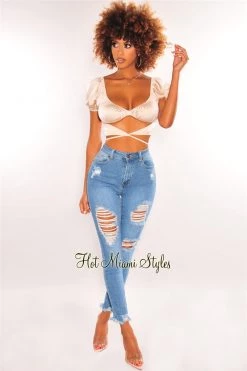 Vendor-unknown Champagne Silky Knotted Cut Out Wrap Around Crop Top