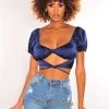 Vendor-unknown Navy Silky Knotted Cut Out Wrap Around Crop Top
