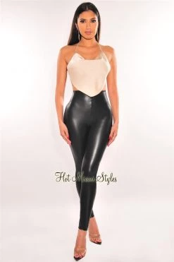 Glamazon Champagne Silky Rhinestone Halter Draped Tie Up Crop Top