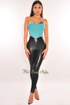 Glamazon Emerald Silky Rhinestone Halter Draped Tie Up Crop Top Just In