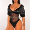 Orange Shine Just In Black Satin Balloon Sleeves Mesh Bodysuit
