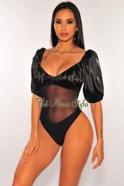 Orange Shine Just In Black Satin Balloon Sleeves Mesh Bodysuit