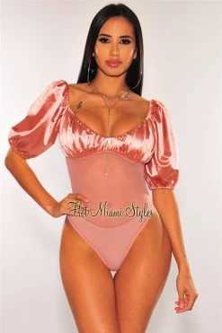 Orange Shine Mauve Satin Balloon Sleeves Mesh Bodysuit Just In