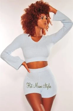 Sole Mio (set) HMS Lounge: Iced Blue Fuzzy Bell Sleeves Biker Shorts Two Piece Set Just In