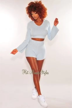 Sole Mio (set) HMS Lounge: Iced Blue Fuzzy Bell Sleeves Biker Shorts Two Piece Set Just In