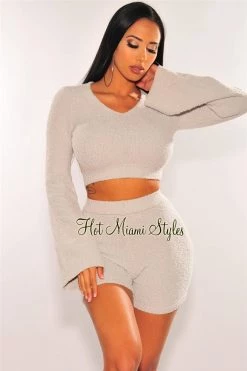 Sole Mio (set) HMS Lounge: Light Gray Fuzzy Bell Sleeves Biker Shorts Two Piece Set Just In