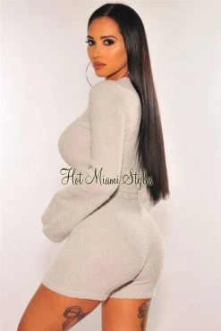 Sole Mio (set) HMS Lounge: Light Gray Fuzzy Bell Sleeves Biker Shorts Two Piece Set Just In