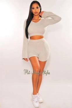 Sole Mio (set) HMS Lounge: Light Gray Fuzzy Bell Sleeves Biker Shorts Two Piece Set Just In