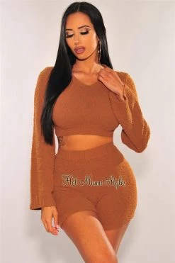 Sole Mio (set) Just In HMS Lounge: Toffee Fuzzy Bell Sleeves Biker Shorts Two Piece Set