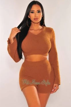 Sole Mio (set) Just In HMS Lounge: Toffee Fuzzy Bell Sleeves Biker Shorts Two Piece Set