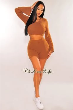 Sole Mio (set) Just In HMS Lounge: Toffee Fuzzy Bell Sleeves Biker Shorts Two Piece Set
