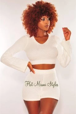Sole Mio (set) HMS Lounge: White Fuzzy Bell Sleeves Biker Shorts Two Piece Set Just In