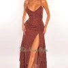 Vendor-unknown Just In Brown Polka Dot Spaghetti Straps Ruched Slit Maxi Dress