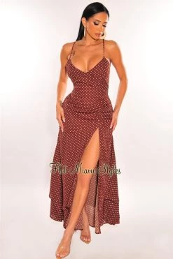 Vendor-unknown Just In Brown Polka Dot Spaghetti Straps Ruched Slit Maxi Dress