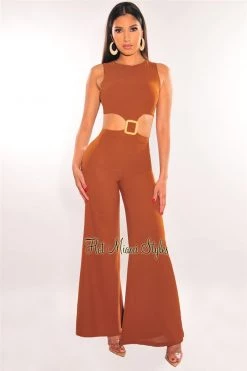Vendor-unknown Just In Caramel Sleeveless Cut Out Belted Palazzo Jumpsuit
