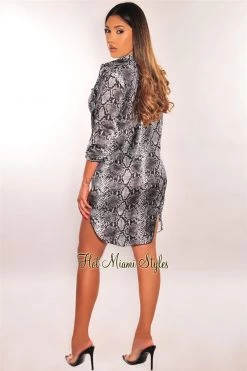 Vendor-unknown Black Snake Print Silky Collared Button Down Shirt Cover Up Just In