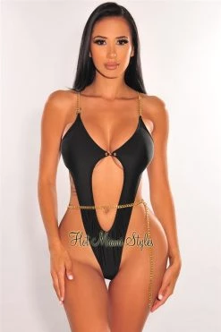 Vendor-unknown Just In Black Gold Chain Cut Out Ultra High Cut Swimsuit