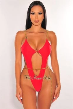 Vendor-unknown Red Gold Chain Cut Out Ultra High Cut Swimsuit