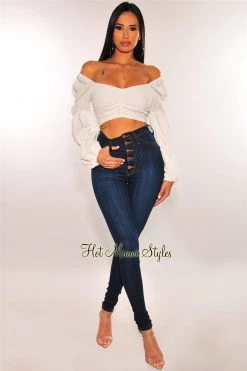 Vendor-unknown Dark Denim Rose Gold Button Up High Waist Skinny Jeans