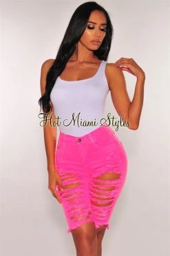 Vendor-unknown Neon Pink Denim Ripped Destroyed High Waist Bermuda Shorts