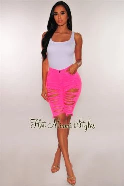Vendor-unknown Neon Pink Denim Ripped Destroyed High Waist Bermuda Shorts