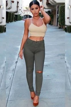 Vendor-unknown Olive Ripped Knee High-Waist Skinny Jeans Just In