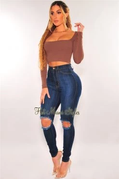 Vendor-unknown Just In Dark Denim Ripped Knee High Waist Skinny Jeans