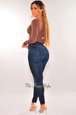 Vendor-unknown Just In Dark Denim Ripped Knee High Waist Skinny Jeans