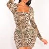 Elan International Snake Print Long Sleeve Drawstring Ruched Dress Just In