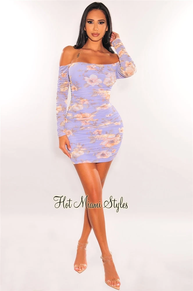 Vendor-unknown Lilac Floral Print Off Shoulder Ruched Long Sleeve Dress