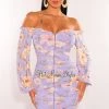 Vendor-unknown Lilac Floral Print Off Shoulder Long Sleeve Ruched Dress
