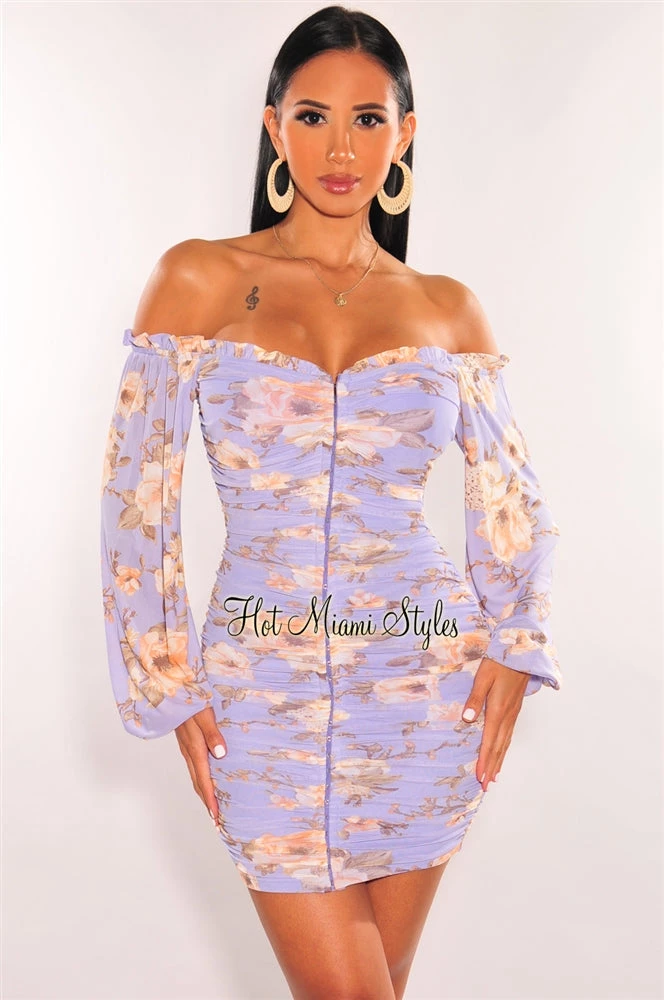 Vendor-unknown Lilac Floral Print Off Shoulder Long Sleeve Ruched Dress