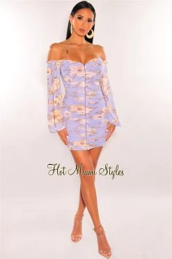 Vendor-unknown Lilac Floral Print Off Shoulder Long Sleeve Ruched Dress
