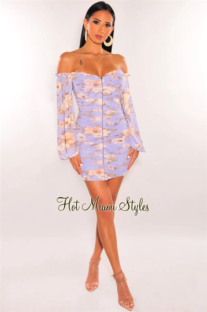 Vendor-unknown Lilac Floral Print Off Shoulder Long Sleeve Ruched Dress