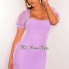 Vendor-unknown Lavender Mesh Short Balloon Sleeve Drawstring Ruched Dress Just In