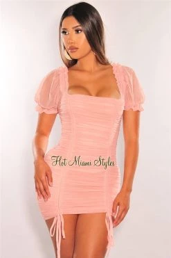 Vendor-unknown Peach Mesh Short Balloon Sleeve Drawstring Ruched Dress