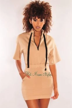 Vendor-unknown Nude Mock Neck Zipper Short Sleeves Dress Just In