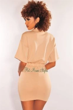 Vendor-unknown Nude Mock Neck Zipper Short Sleeves Dress Just In