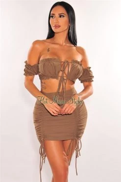 Vendor-unknown Just In Brown Off Shoulder Frill Tie Up Ruched Skirt Two Piece Set