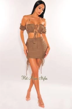 Vendor-unknown Just In Brown Off Shoulder Frill Tie Up Ruched Skirt Two Piece Set
